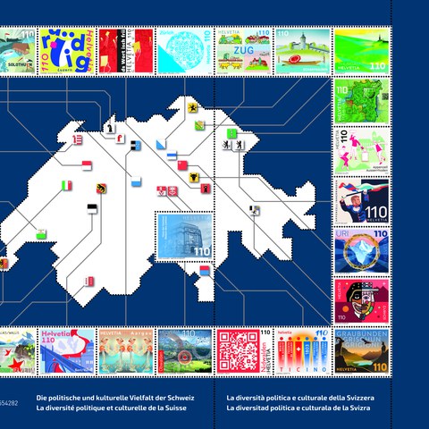 Briefmarkenbogen Schweiz. Vergrösserte Ansicht