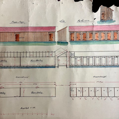 Plan für die Gebäulichkeiten der Badeanstalt Glandenstein, gezeichnet von Zimmermann Emil Nisple, Weissbad. (Quelle: Museum Appenzell). Vergrösserte Ansicht