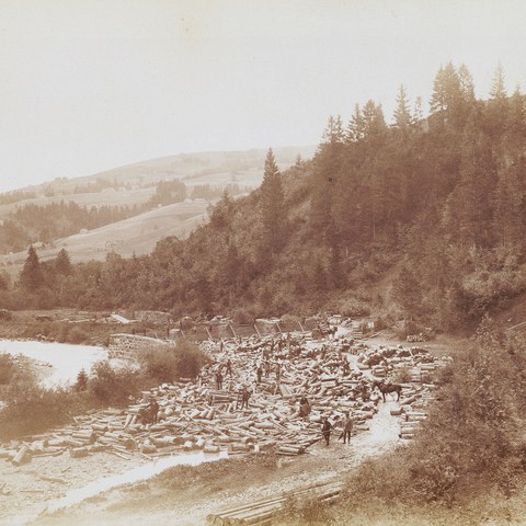 Sammelhof des 1872/73 erstellten Flössrechens im Glandenstein mit geflösstem Holz, um 1900 (Quelle: Landesarchiv AI). Vergrösserte Ansicht