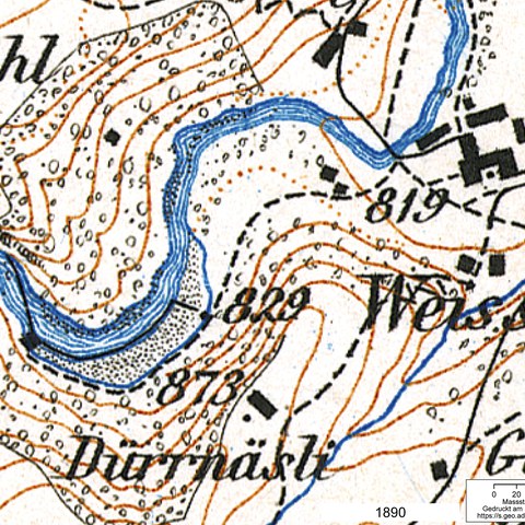 Landeskarte mit Ausschnitt des Glandensteins, 1890. (Quelle: Landestopografie). Vergrösserte Ansicht