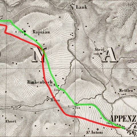 Der alte Weg nach Hundwil (grün) und die heutige, seit 1875 bestehende Kantonsstrasse (rot) auf der Eschmann-Karte, um 1850.. Vergrösserte Ansicht