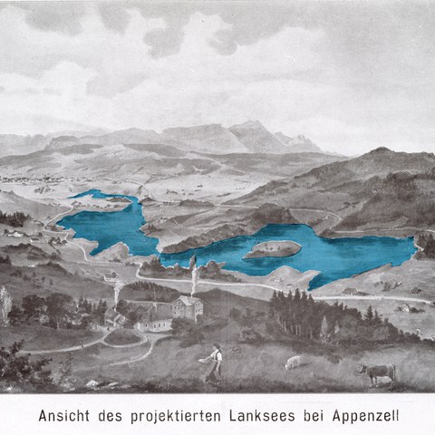 Projekt des Kubel-Kraftwerkes resp. der St. Gallisch-Appenzellischen Kraftwerke (SAK) anfangs des 20. Jahrhunderts für einen Stausee im Gebiet Lank. (Quelle: Landesarchiv AI). Vergrösserte Ansicht