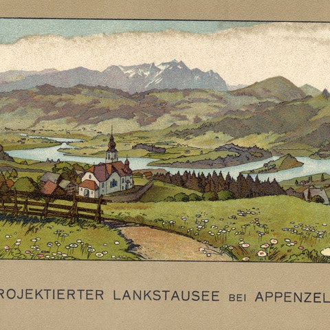 Mit dem Lankstausee wäre ein grosser Teil der Rapisau überschwemmt worden. (Quelle: Landesarchiv AI). Vergrösserte Ansicht