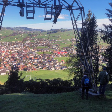 Bild 2: Zwei schwere Fichten sind auf die Seile des Sollegg-Skilifts gefallen. Ein Kabel ist dabei aus den Rollen gesprungen. Die Arbeiten, um Kabel und Bäume zu entzerren, sind höchst anspruchsvoll und ebenso gefährlich.. Vergrösserte Ansicht